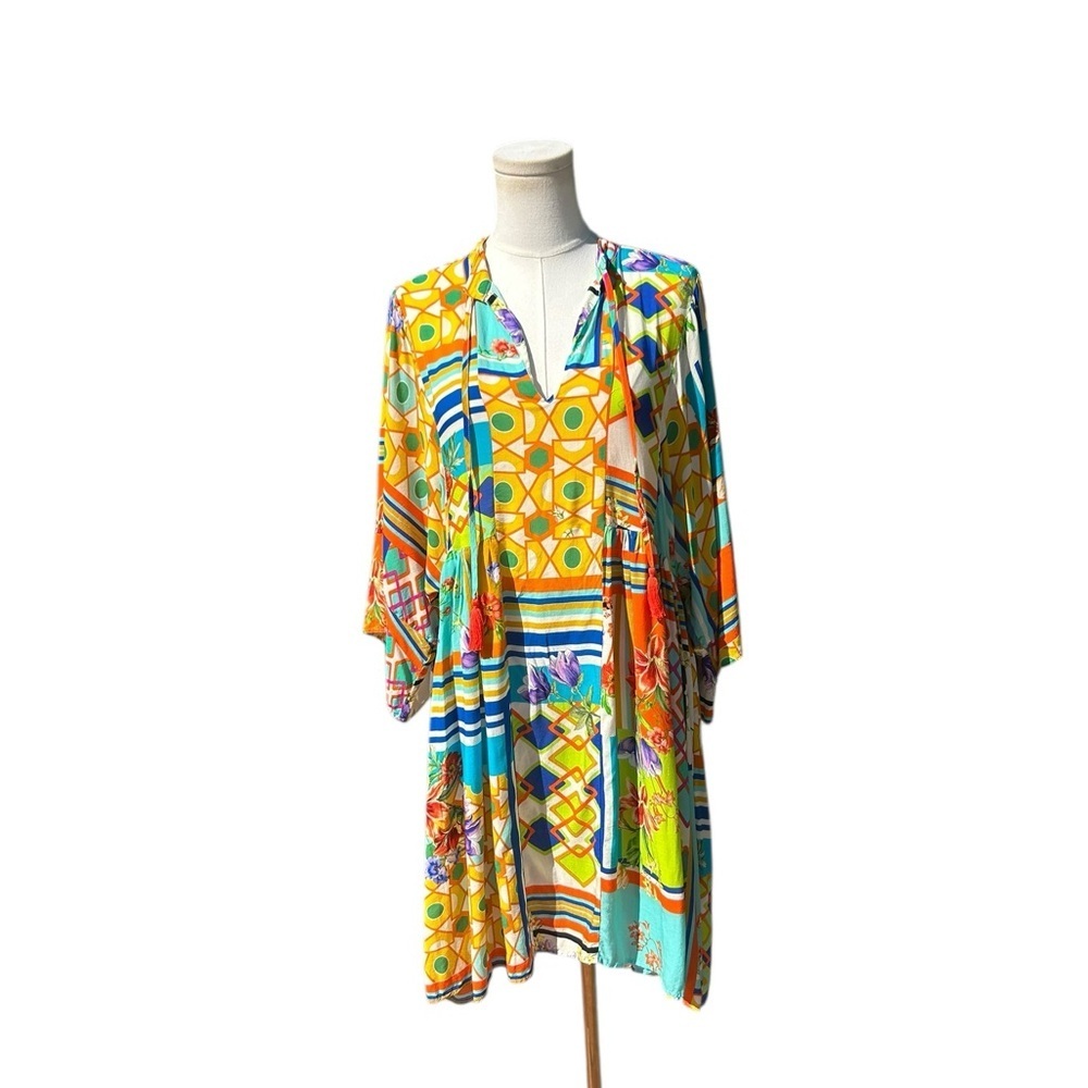 Johnny Was Mixi Short Kaftan Mini Dress Kimono Sleeves Beach Boho Tassels Small - Picture 4 of 14